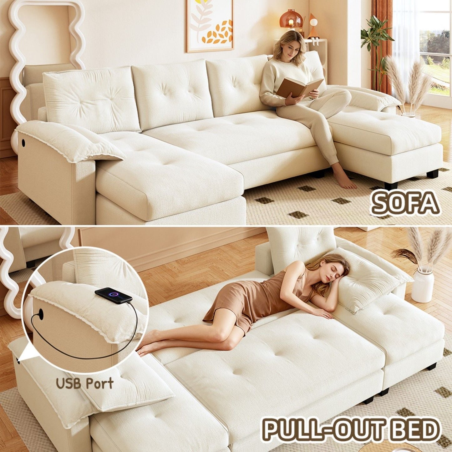 U-Shaped Sleeper Sofa With Pull Out Bed