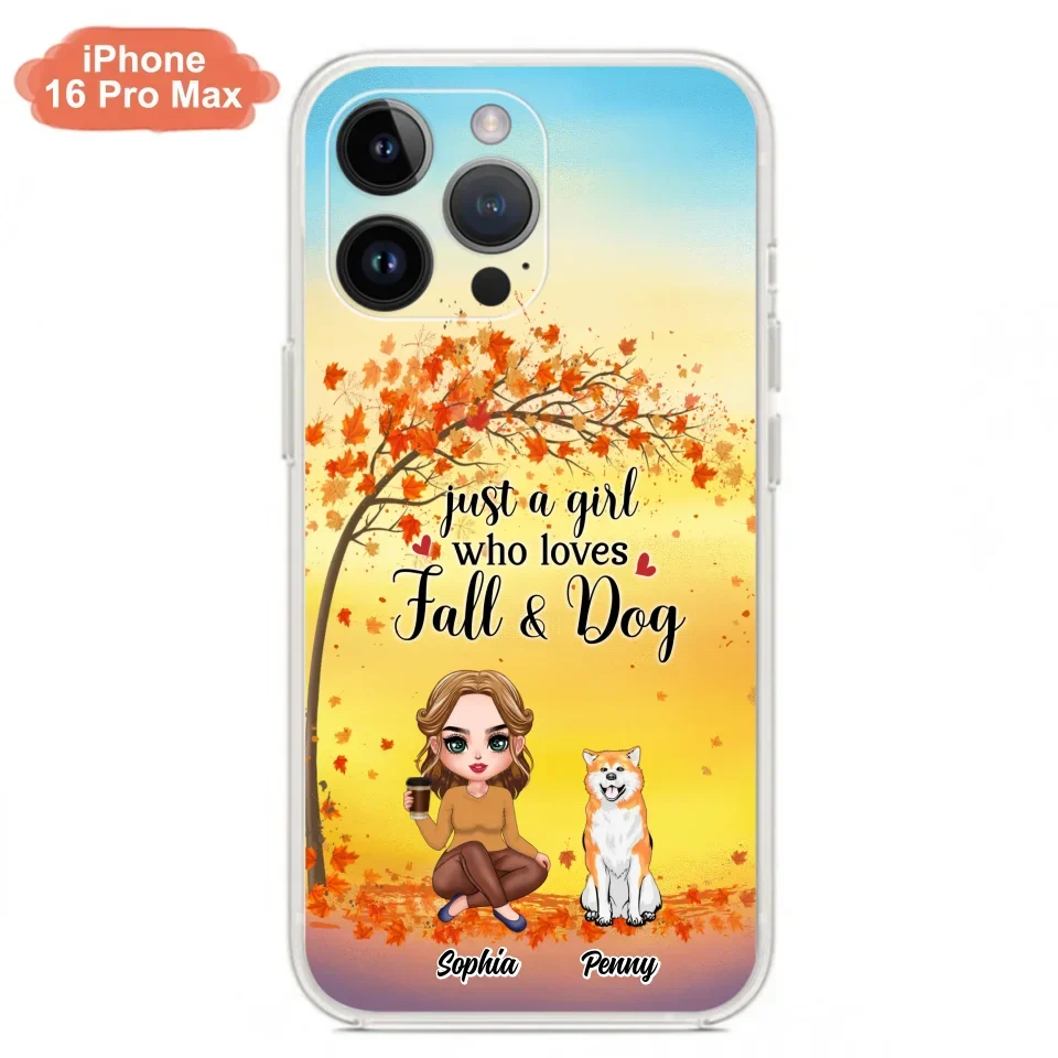 Custom Personalized Dog Mom Phone Case - Gift Idea For Dog Lovers/ Autumn Gift - Upto 4 Dogs - Just A Girl Who Loves Fall & Dogs - Case For iPhone/Samsung