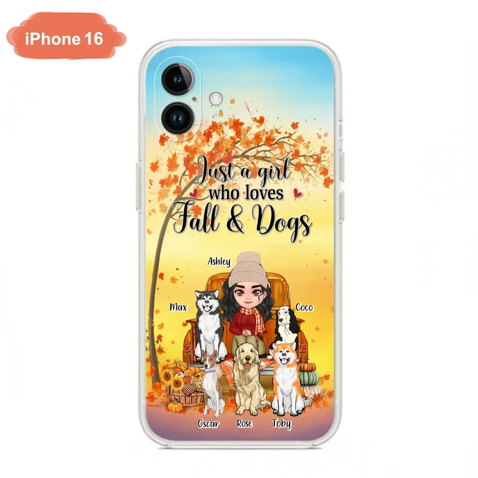 Custom Personalized Dog Mom Fall Season Phone Case - Autumn Gift Idea For Dog Owners - Upto 5 Dogs -  Case For iPhone/Samsung - Just A Girl Who Loves Fall & Dogs