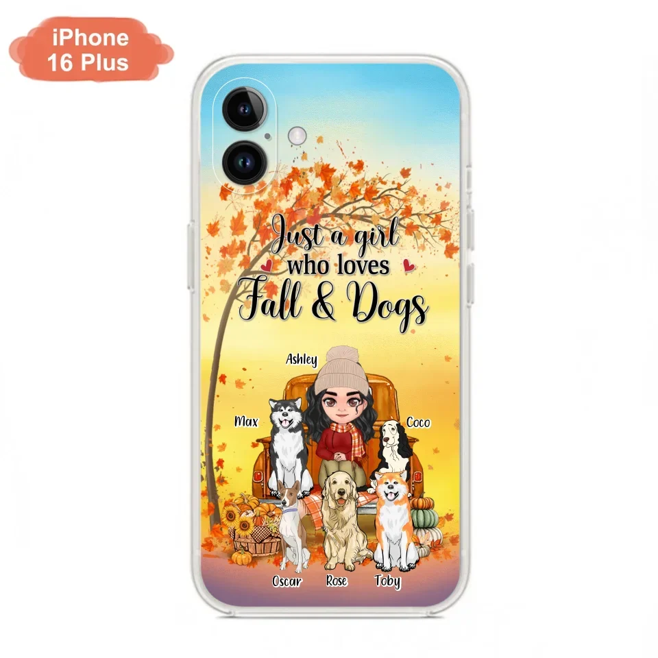Custom Personalized Dog Mom Fall Season Phone Case - Autumn Gift Idea For Dog Owners - Upto 5 Dogs -  Case For iPhone/Samsung - Just A Girl Who Loves Fall & Dogs