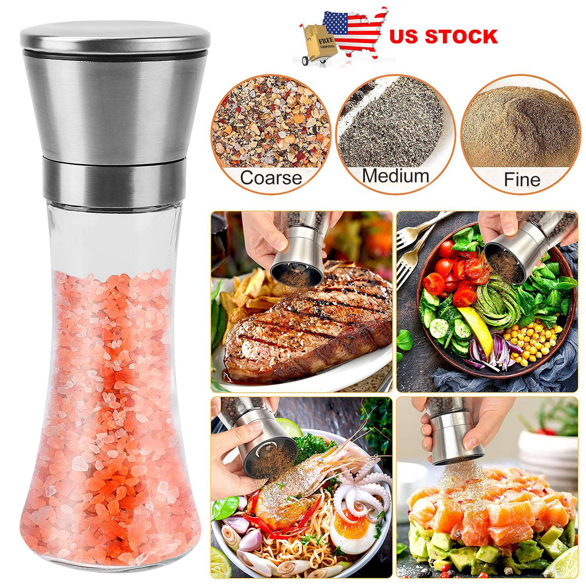 Stainless Steel Salt Pepper Grinder Tall Glass Sea Salt & Pepper Mill Shaker w/ Adjustable Coarseness