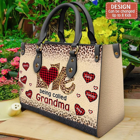 Personalized Grandma PU Leather Handbag With Long Straps - Gift Idea For Grandma - Up to 8 Kids - Love Being Called Grandma