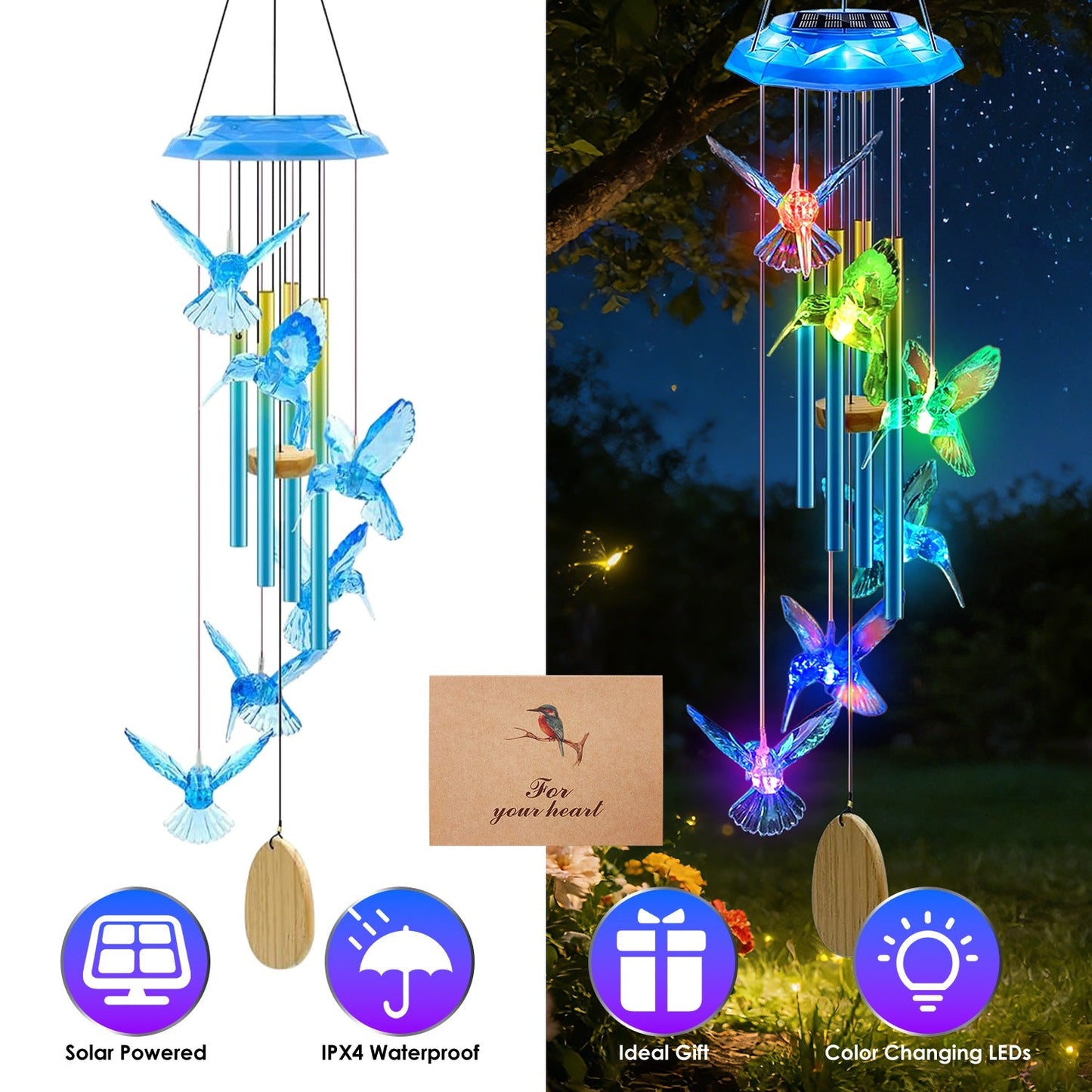 Solar Wind Chime with Color-Changing LED & Aluminum Tubes