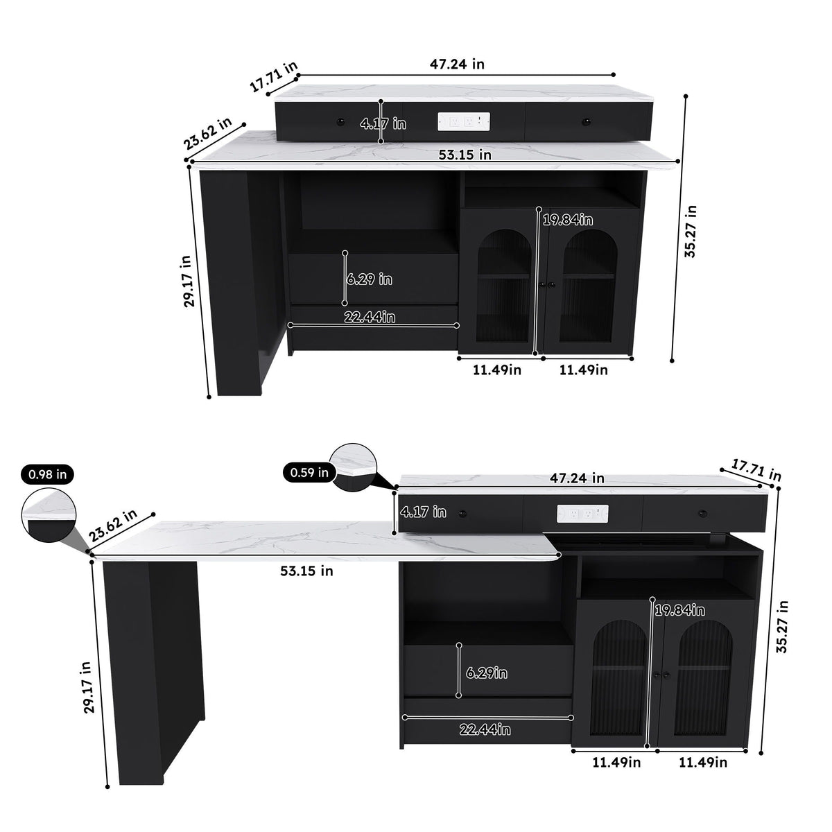 Retro Kitchen Island Set With Chairs, Extendable & Rotating Table, 4 Drawers & Door Cabinets