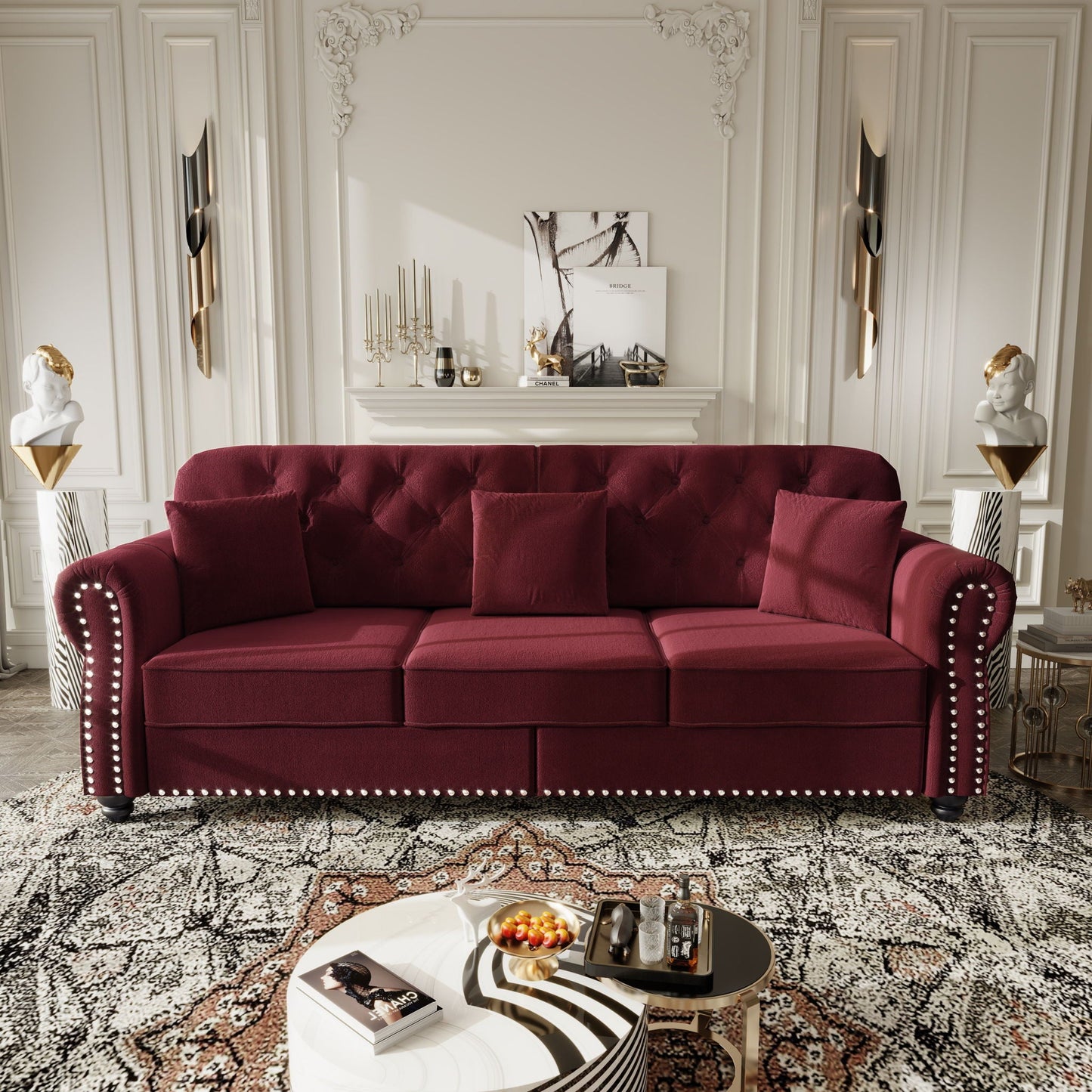 Upholstered Sofa Set With Nailhead Trim And Rolled Armrests, Includes Pillows