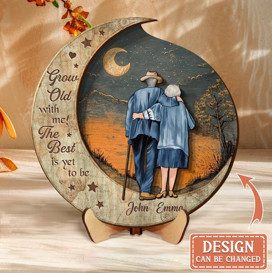 Custom Personalized Old Couple Moon Wooden Art - Gift Idea For Couple - Grow Old With Me