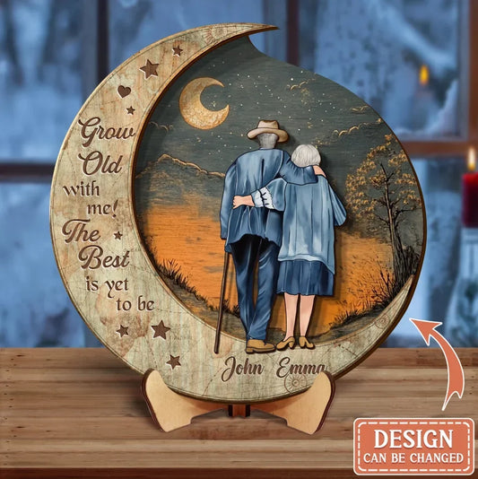 Custom Personalized Old Couple Moon Wooden Art - Gift Idea For Couple - Grow Old With Me