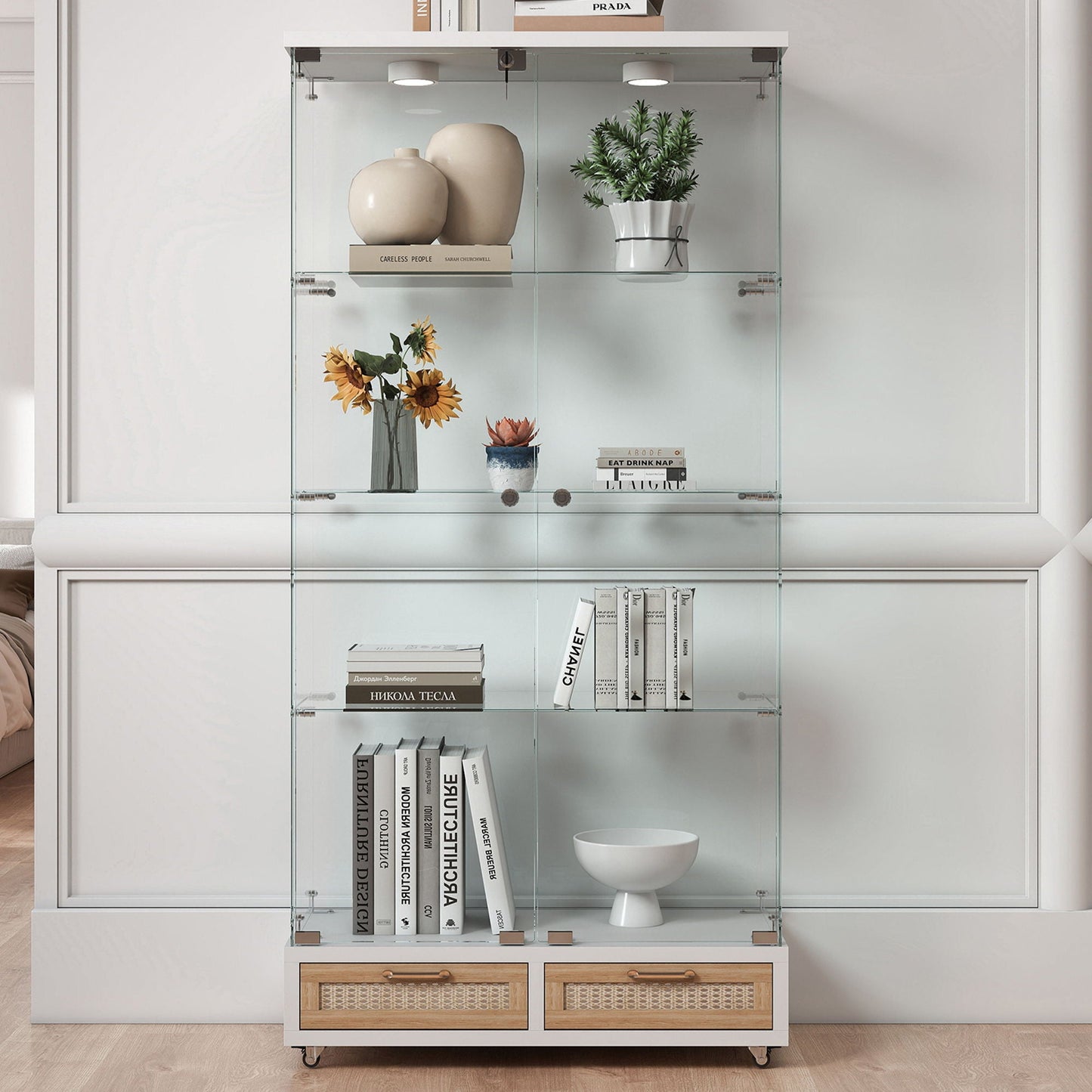 Glass Display Cabinet With LED Lights, Tempered Glass Doors, Large Drawers, 2 Door Storage Case With 4 Shelves - Natural / White