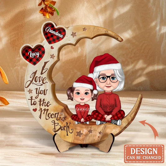 Personalized Grandma And Grandkid 2 Layered Wooden Art - Christmas Gift Idea For Grandma - I Love You To The Moon & Back