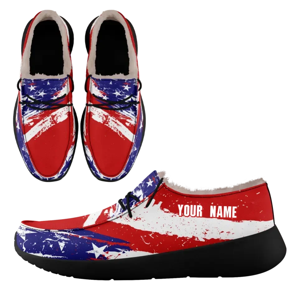 Personalized USA Flag Sneakers, Custom Stars and Stripes Loafer Shoes, Fur Lining Shoe, Pride in Comfort,FN042-24020304-1b