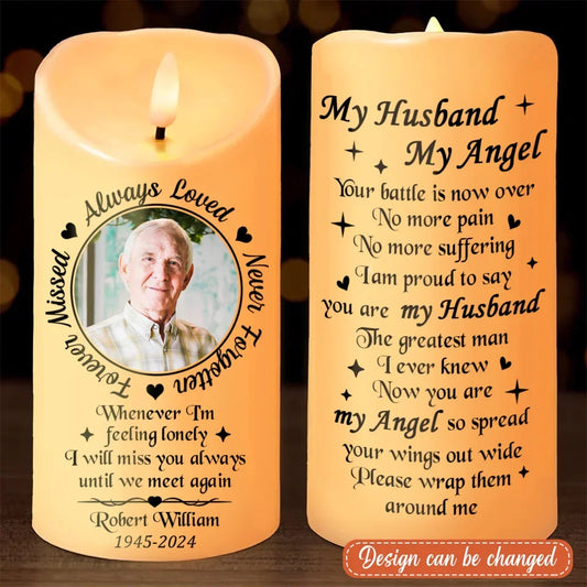 Personalized Memorial Led Candle - Upload Photo - My Husband My Angel