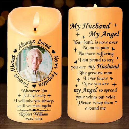 Personalized Memorial Led Candle - Upload Photo - My Husband My Angel