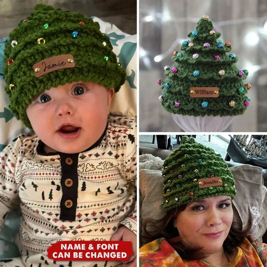 Personalized Name Crochet Christmas Tree Hat - Baby First Christmas Gift - Knit Baby Beanie Hat