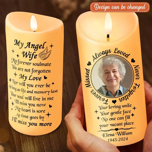 Personalized My Angel Wife Led Candle - Memorial Gift Idea - Upload Photo - Always Loved Never Forgotten Forever Missed