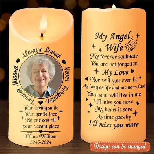 Personalized My Angel Wife Led Candle - Memorial Gift Idea - Upload Photo - Always Loved Never Forgotten Forever Missed