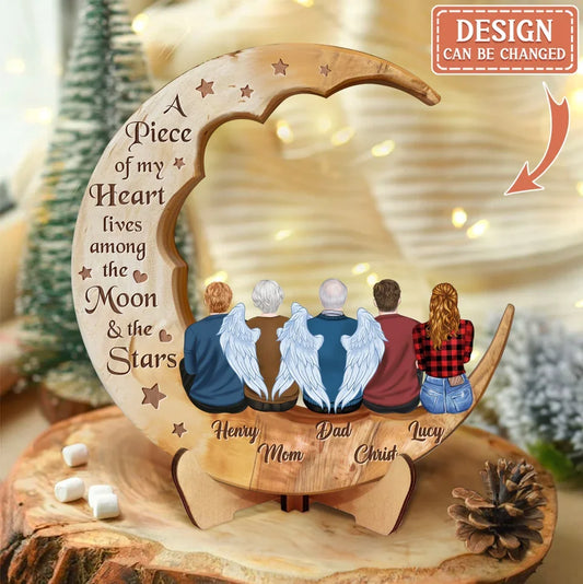 Personalized Memorial Family Moon Wooden Art - Memorial Gift Idea For Parent/Husband/Wife/Siblings - Up to 7 People - I Love You Past The Moon And Miss You Beyond The Stars