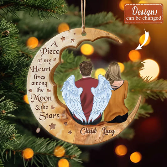 Personalized Memorial Family Moon Wooden Ornament - Memorial Gift Idea For Parent/Husband/Wife/Siblings - Up to 7 People - A Piece Of My Heart Lives Among The Moon & The Stars