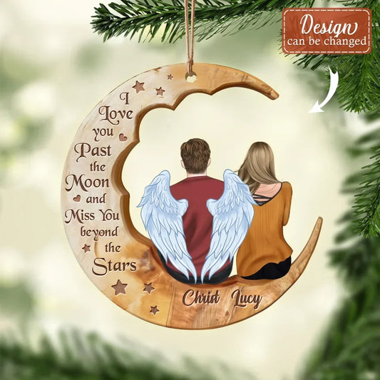 Personalized Memorial Family Moon Wooden Ornament - Memorial Gift Idea For Parent/Husband/Wife/Siblings - Up to 7 People - A Piece Of My Heart Lives Among The Moon & The Stars