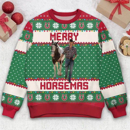 Personalized Merry Horsemas Ugly Sweater - Christmas Gift Idea For Horse Lover - Upload Photo