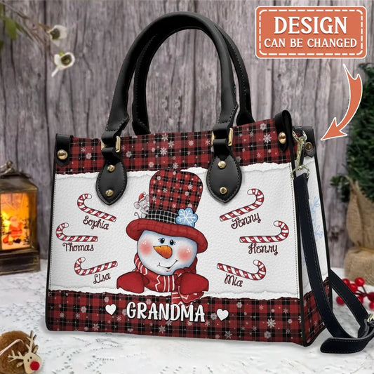 Personalized Grandma Snowman PU Leather Handbag With Long Straps - Up to 10 Kids - Christmas Gift Idea For Grandma/Nana