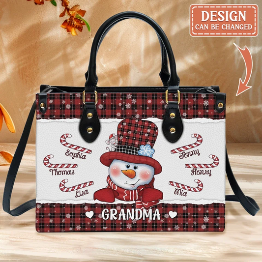 Personalized Grandma Snowman PU Leather Handbag With Long Straps - Up to 10 Kids - Christmas Gift Idea For Grandma/Nana