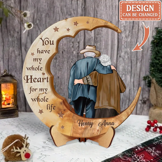 Personalized Old Couple On The Moon Wooden Art - Gift Idea For Couple - From Our First Kiss Till Our Last Breath