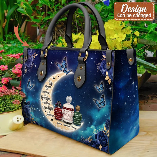 Personalized Grandma PU Leather Handbag With Long Straps - Up to 3 Kids - Mother's Day Gift Idea For Grandma/Nana - I Love You To The Moon & Back