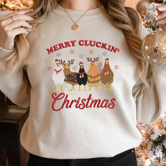 Personalized Cluckin' Christmas Chicken Embroidered Sweatshirt - Gift Idea For Chicken Lover