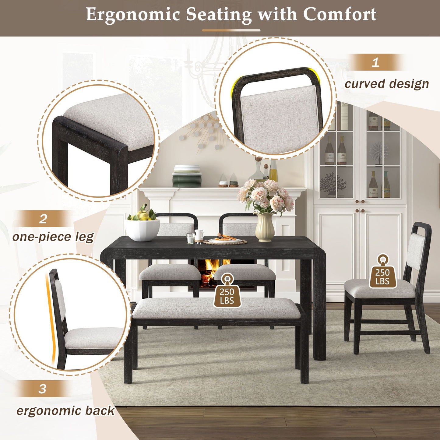 Extendable Dining Table Set With 4 Upholstered Chairs And 1 Bench