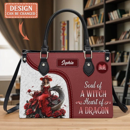 Custom Personalized Witch Dragon PU Leather Handbag With Long Straps - Mother's Day/ Birthday Gift Idea - Soul Of A Witch Heart Of A Dragon