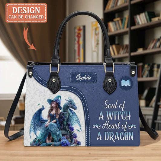 Custom Personalized Witch Dragon PU Leather Handbag With Long Straps - Mother's Day/ Birthday Gift Idea - Soul Of A Witch Heart Of A Dragon