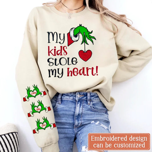 Personalized Grinch Hand Embroidered Sweater - Up to 6 Kids - Christmas Gift Idea For Grandma/Mom - My Kids Stole My Heart