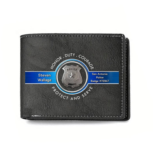 Personalized Police Leather Wallet - Father's Day Gift Idea for Police - Honor Duty Courage