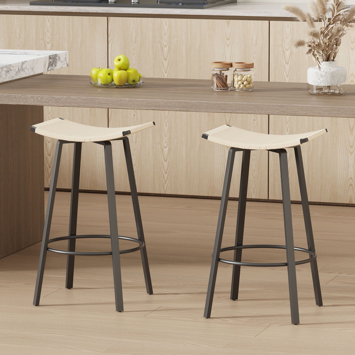 Counter Height Bar Stools Backless Handwoven Kitchen Dining Chairs With Round Footrest (Set of 2) Weaving Pub Stoo - Creamy White