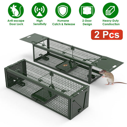 2-Pack Humane Live Rat Trap Cage with Dual Doors