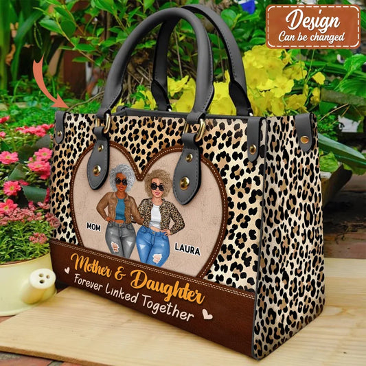 Personalized Mother Daughter PU Leather Handbag With Long Straps - Gift Idea For Mother/Daughter - Mother & Daughter Forever Linked Together