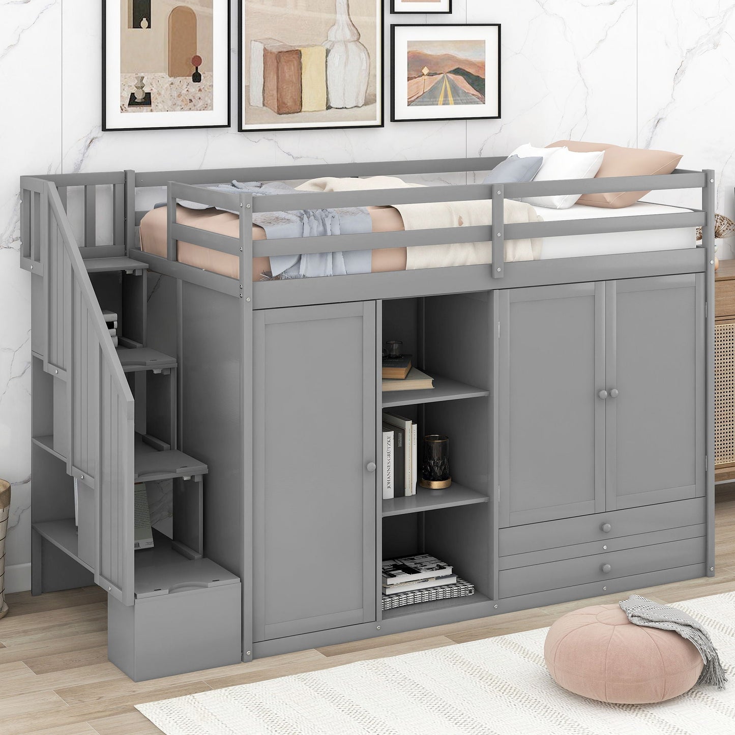 Loft Bed With 3 Shelves, 2 Wardrobes, 2 Drawers, Ladder Storage