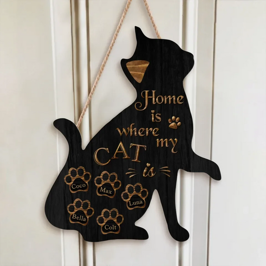Personalized Cat Wooden Sign - Gift Idea For Cat Owners - Home Is Where My Cat Is