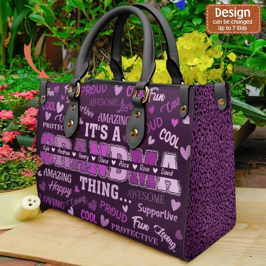 Personalized Grandma PU Leather Handbag With Long Straps - Up to 7 Kids - Mother's Day Gift Idea For Grandma