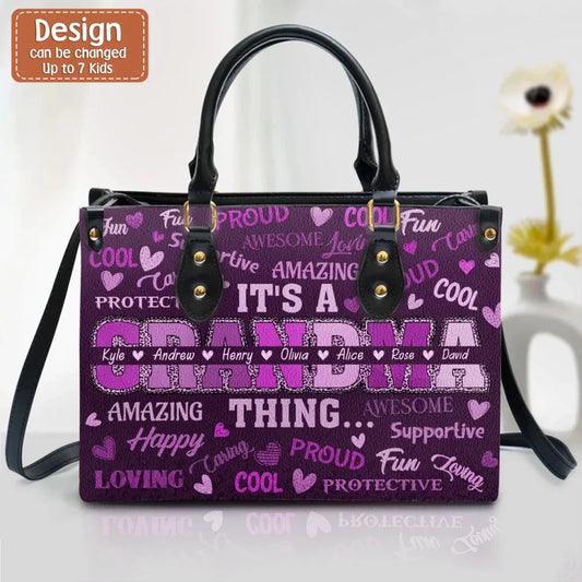 Personalized Grandma PU Leather Handbag With Long Straps - Up to 7 Kids - Mother's Day Gift Idea For Grandma