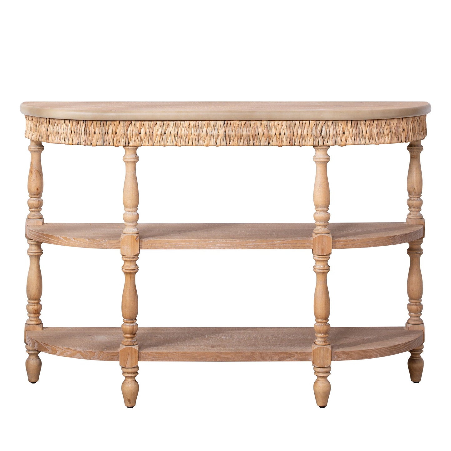 Handcrafted Console Table With Hand Woven Trim, 3 Tier Storage Shelves - Natural