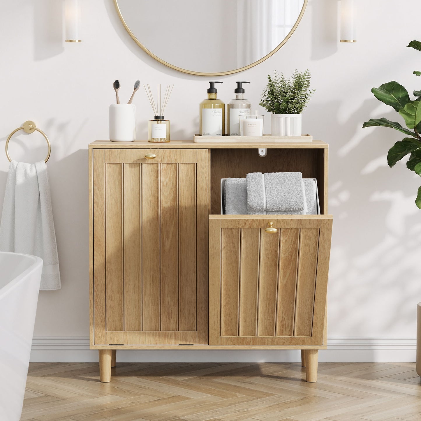 Sloping Laundry Basket With Removable Inner Bin, Concealed Storage Cabinet For Bathroom - Oak