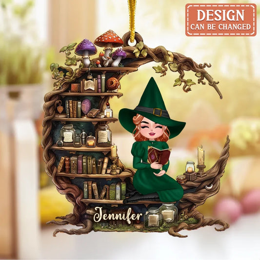 Personalized Witch Reading Book On Moon Wooden Ornament - Gift Idea For Witch/Book Lover