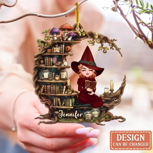 Personalized Witch Reading Book On Moon Wooden Ornament - Gift Idea For Witch/Book Lover