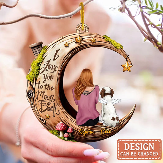 Personalized Memorial Moon Wooden Ornament - Memorial Gift Idea For Pet Lover - Adult/Couple With Pets - I Love You To The Moon & Back