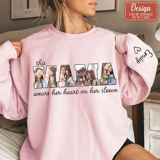 Personalized Mother AOP Sweater - Upload Photos - Gift To Grandma/Mom - This Mama Wears Her Heart On Her Sleeve