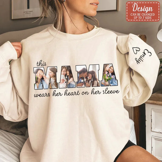 Personalized Mother AOP Sweater - Upload Photos - Gift To Grandma/Mom - This Mama Wears Her Heart On Her Sleeve