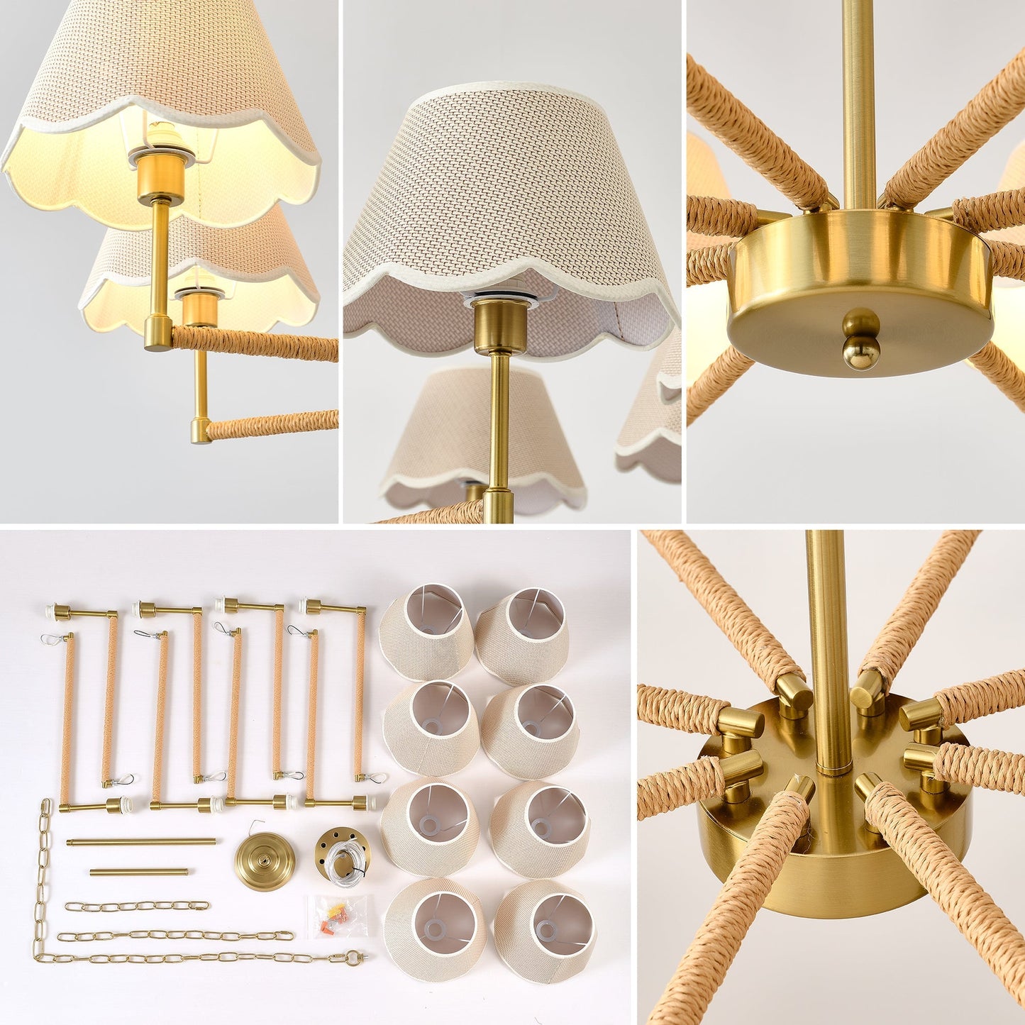 8-Light Rope and Fabric Shade Gold Chandelier