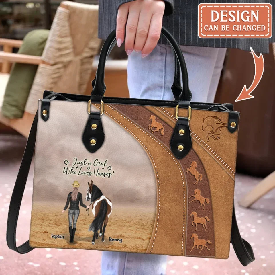 Personalized Horse Girl PU Leather Handbag With Long Straps - Mother's Day Gift Idea For Horse Lover - Up to 6 Horses - Just A Girl Who Loves Horses