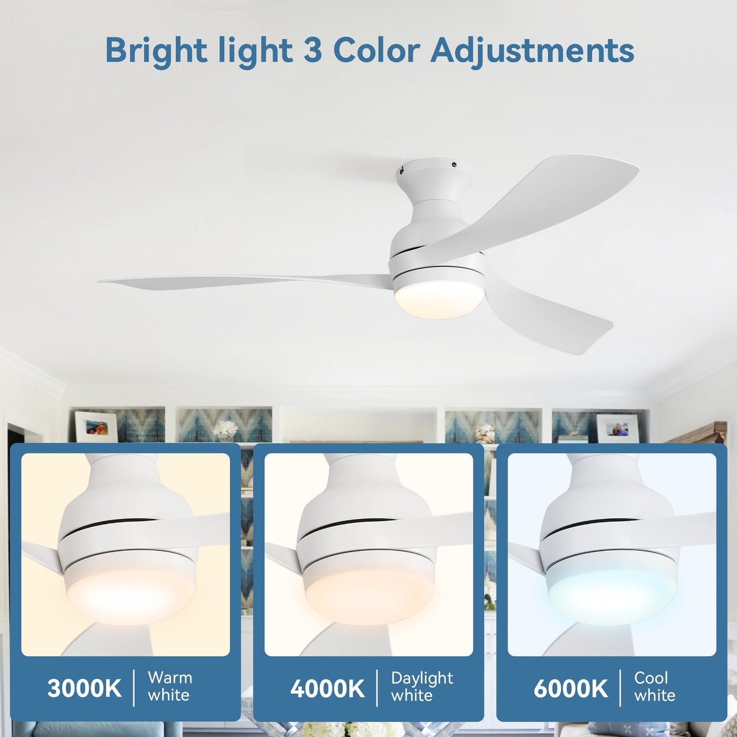 52" Low Profile Ceiling Fan with Lights, Quiet Reversible DC Motor, Dimmable LED